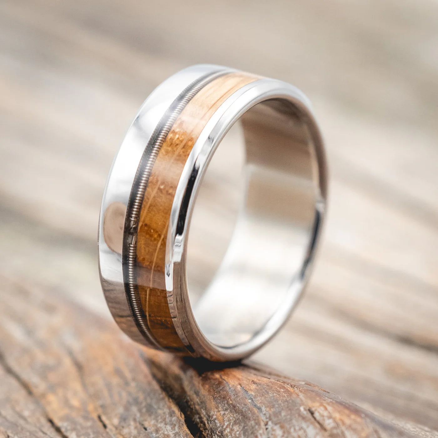 "Tanner" - Whiskey Barrel Oak & Guitar String Inlay Wedding Band - Titanium (8mm) - Size 10 1/4