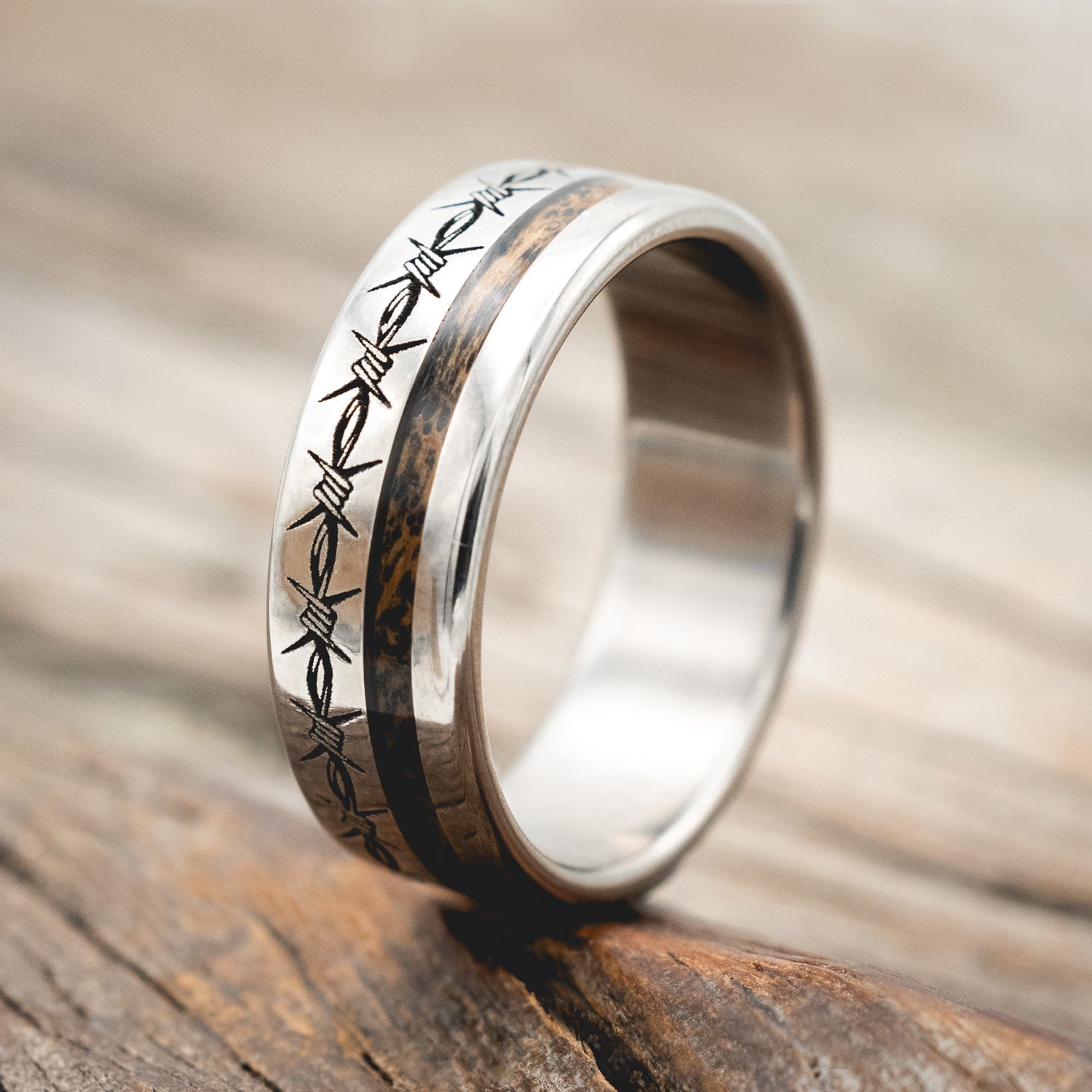 "VERTIGO" - MATCHING SET OF BARBED WIRE ENGRAVED & TATTOO INK WEDDING BANDS-Staghead Designs