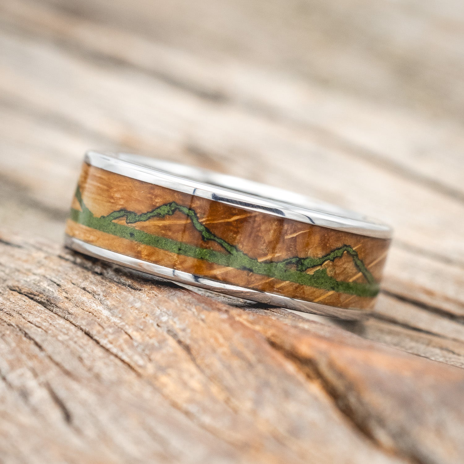 "THE EXPEDITION" - MOUNTAIN ENGRAVED WEDDING RING WITH WHISKEY BARREL & MOSS INLAYS & LINING WEDDING RING-Staghead Designs