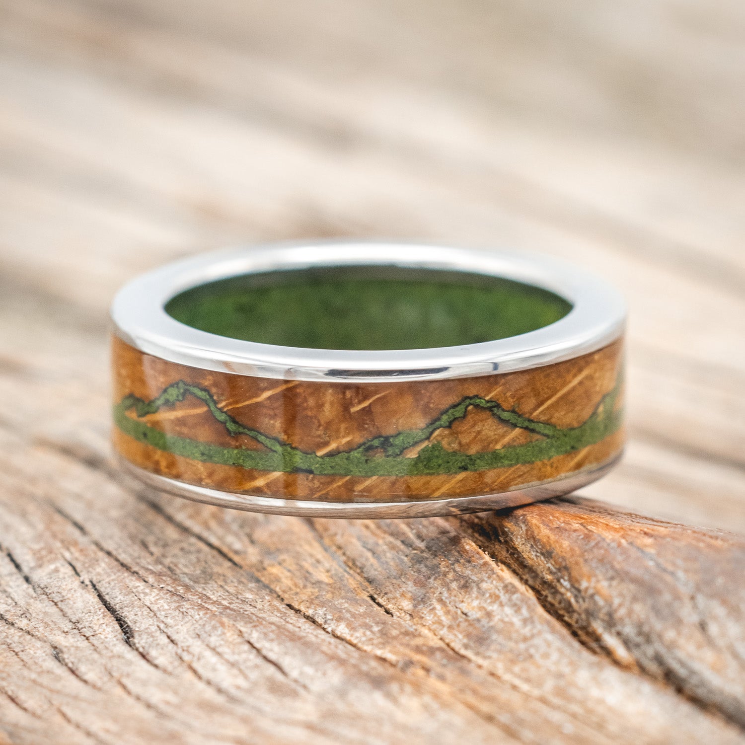 "THE EXPEDITION" - MOUNTAIN ENGRAVED WEDDING RING WITH WHISKEY BARREL & MOSS INLAYS & LINING WEDDING RING-Staghead Designs
