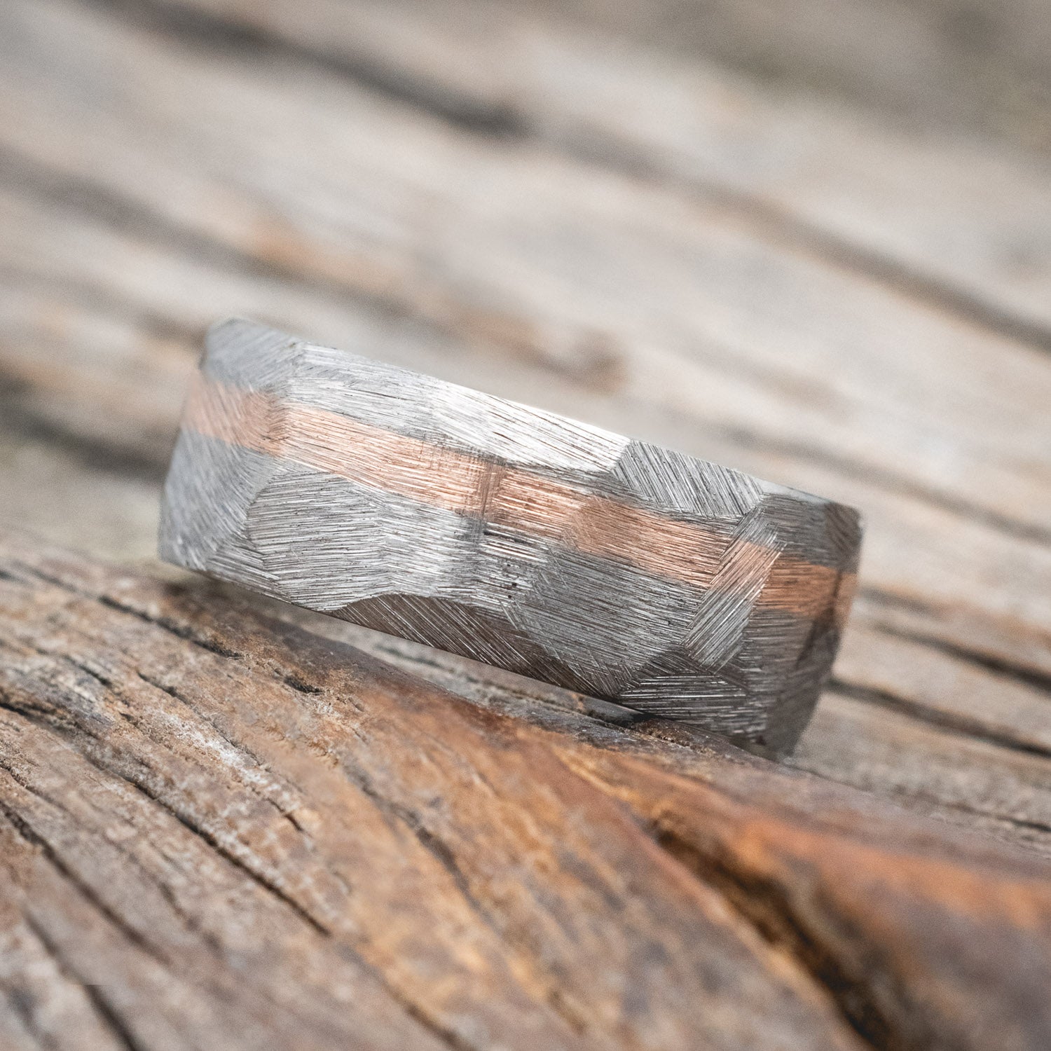 "VERTIGO" - FACETED WEDDING RING WITH A 14K GOLD INLAY-Staghead Designs