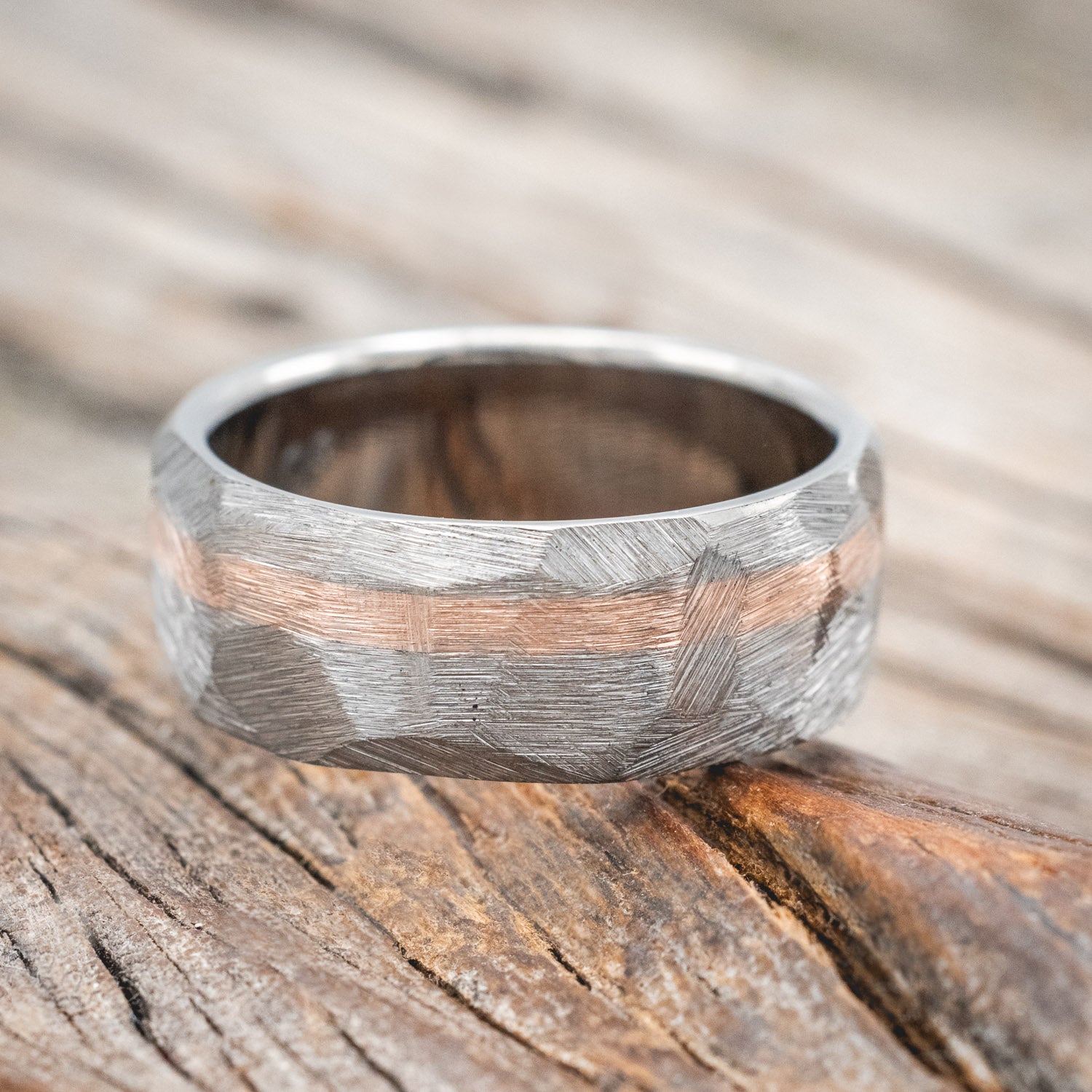 "VERTIGO" - FACETED WEDDING RING WITH A 14K GOLD INLAY-Staghead Designs