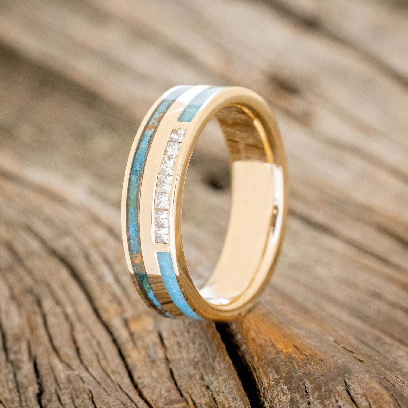 "TRIDENT" - DIAMOND, PATINA COPPER & TURQUOISE INLAYS WEDDING BAND-1