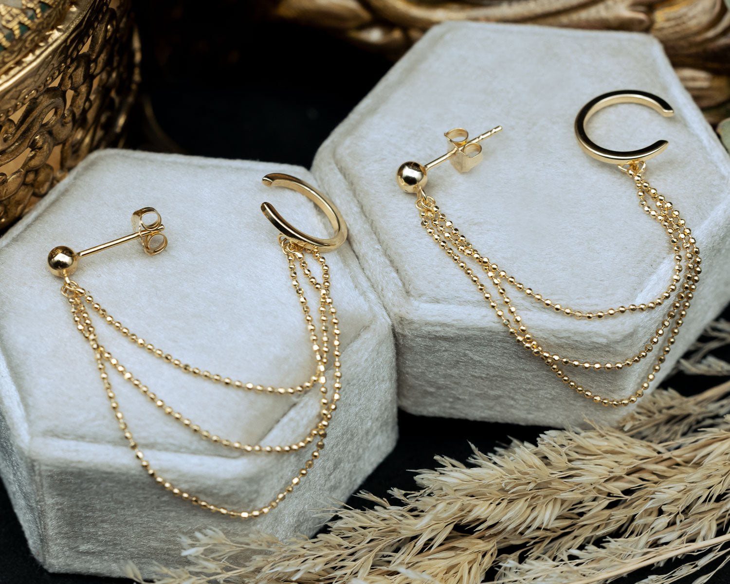 14K GOLD TRIPLE BEAD CHAIN DRAPE EARRINGS WITH EAR CUFF-Staghead Designs