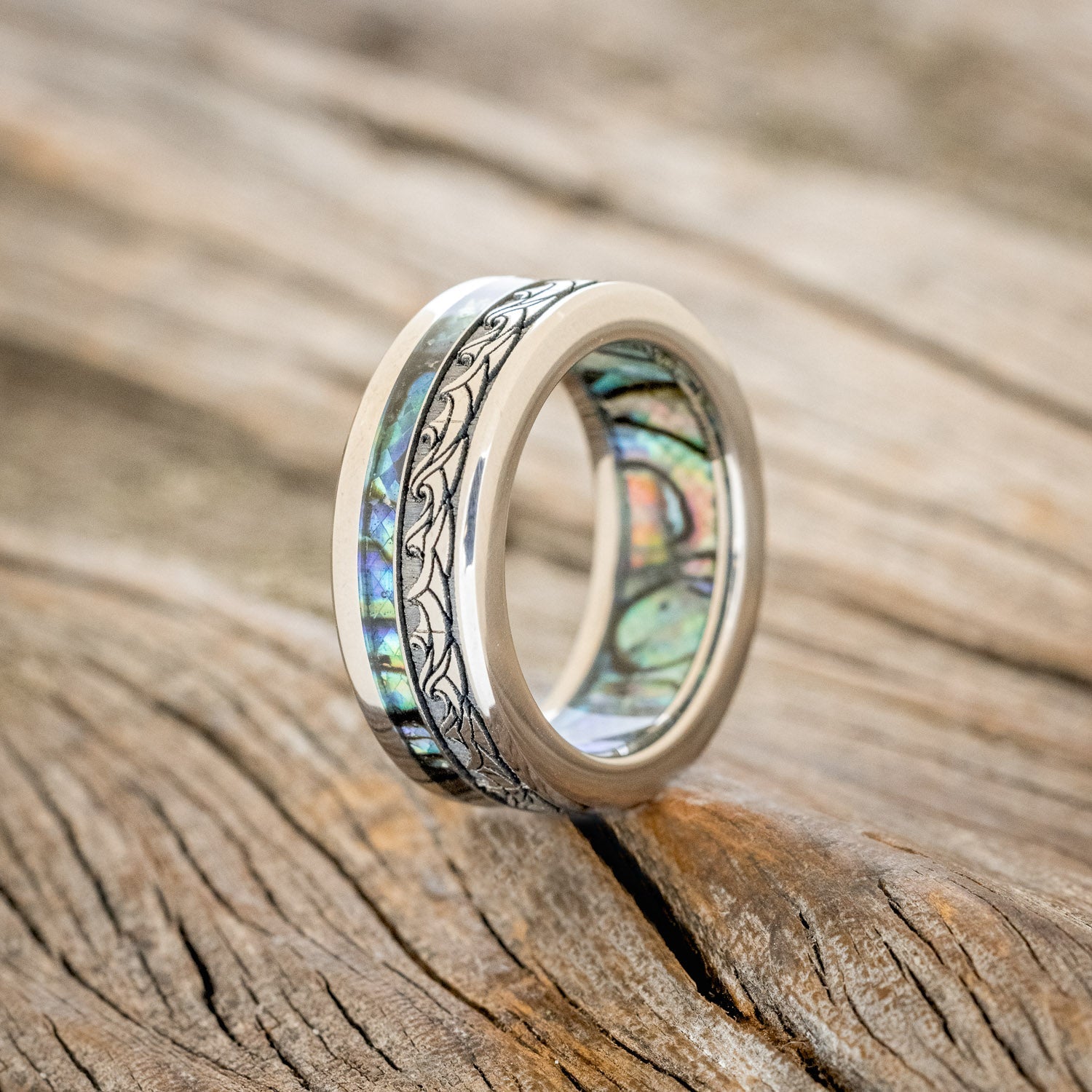 "TRITON" - WAVE ENGRAVED WEDDING BAND WITH PAUA SHELL INLAY & LINING-1
