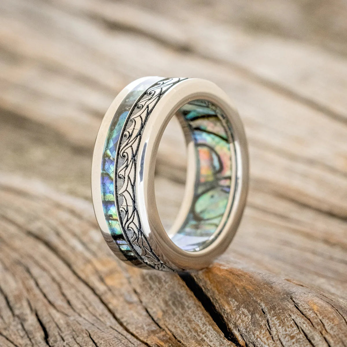 "Triton" - Wave Engraved Wedding Band With Paua Shell Inlay & Lining - Titanium (8mm) - Size 9 3/4