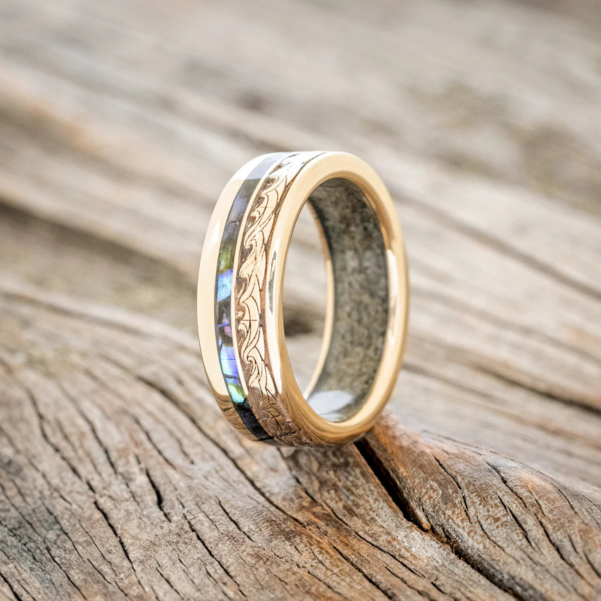 "TRITON" - WAVE ENGRAVED WEDDING BAND WITH PAUA SHELL & SAND LINING - 14K YELLOW GOLD - SIZE 11-Staghead Designs