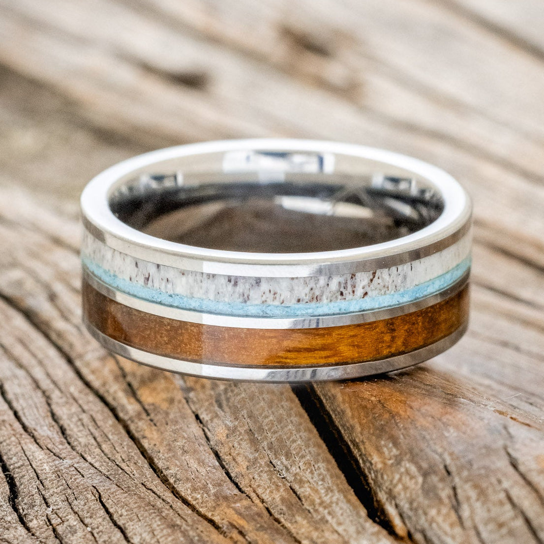 "DYAD" - IRONWOOD, ANTLER & TURQUOISE WEDDING BAND-6