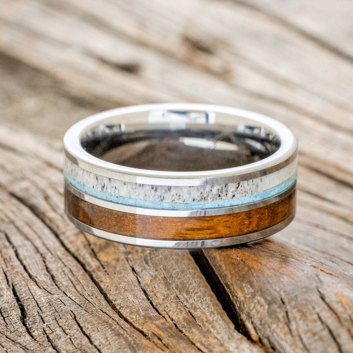 "DYAD" - IRONWOOD, ANTLER & TURQUOISE WEDDING BAND - READY TO SHIP-6