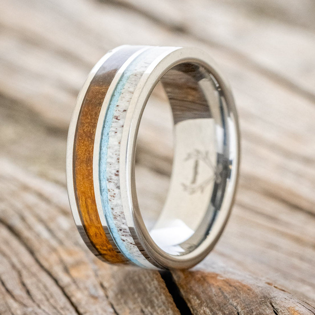 "DYAD" - IRONWOOD, ANTLER & TURQUOISE WEDDING BAND-4