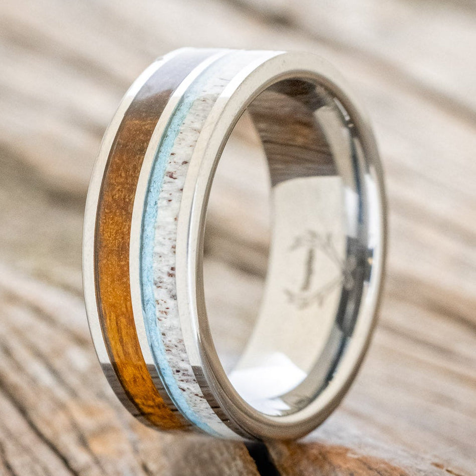 "DYAD" - IRONWOOD, ANTLER & TURQUOISE WEDDING BAND-4
