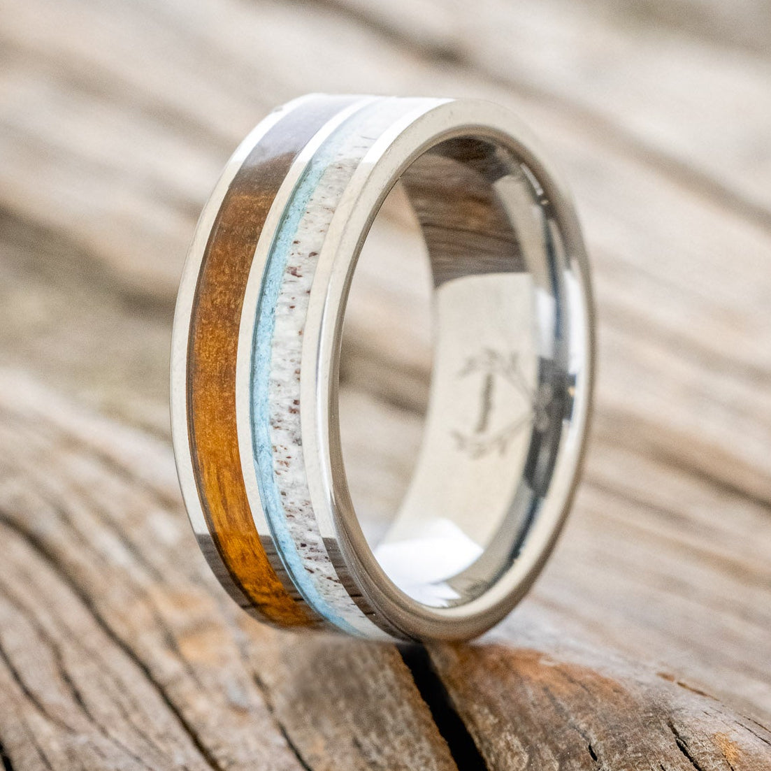 "DYAD" - IRONWOOD, ANTLER & TURQUOISE WEDDING BAND - READY TO SHIP-4