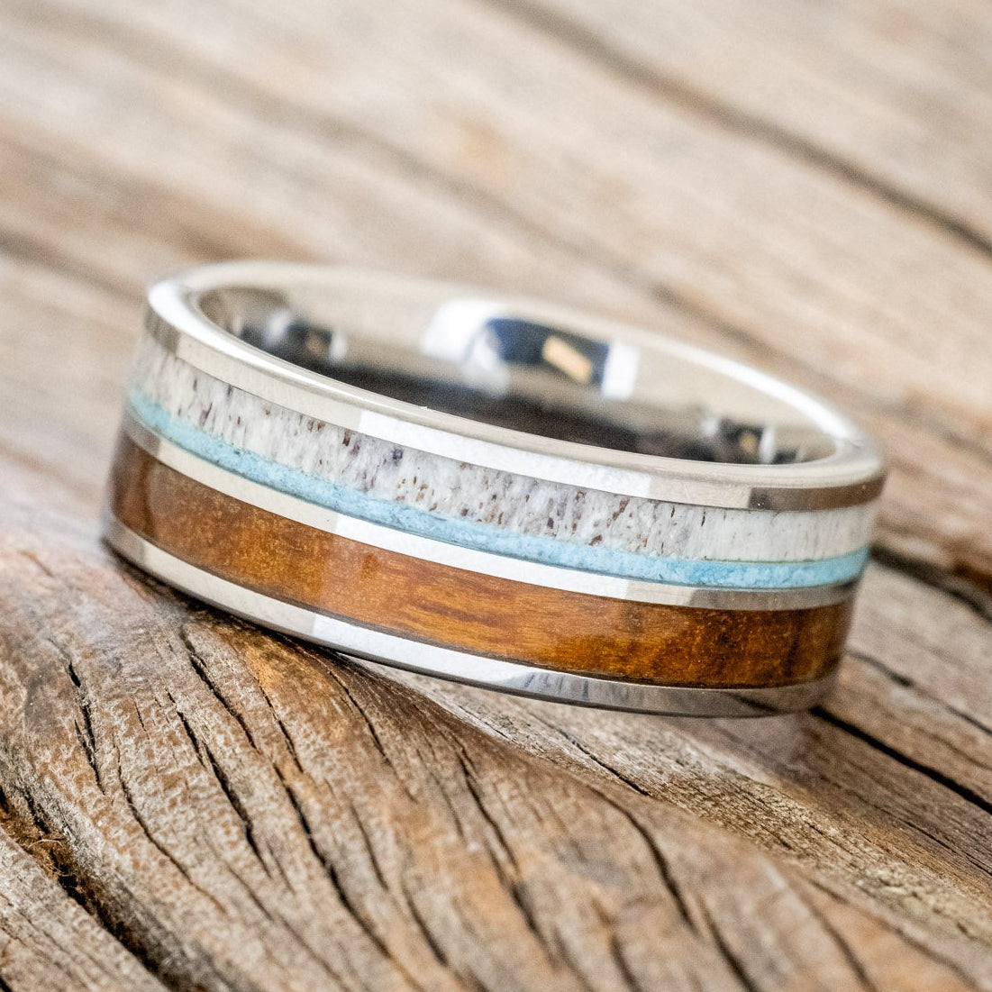 "DYAD" - IRONWOOD, ANTLER & TURQUOISE WEDDING BAND-5