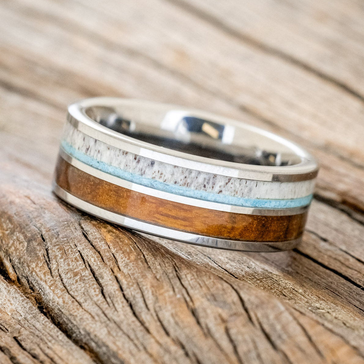 "DYAD" - IRONWOOD, ANTLER & TURQUOISE WEDDING BAND - READY TO SHIP-5
