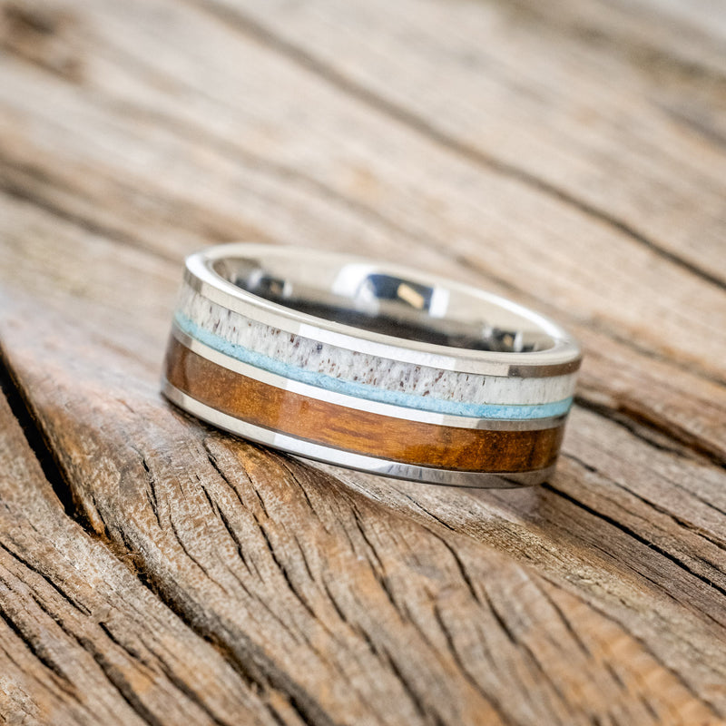 "DYAD" - IRONWOOD, ANTLER & TURQUOISE WEDDING BAND - READY TO SHIP-5