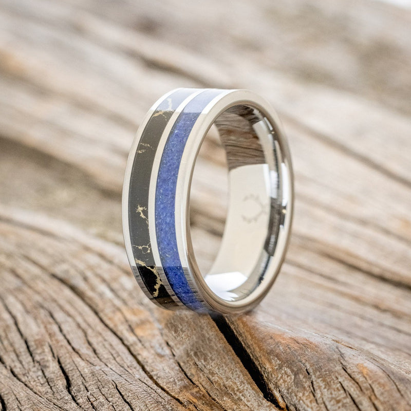 "DYAD" - LAPIS LAZULI WITH BLACK & GOLD MATRIX TRUSTONE WEDDING BAND-1