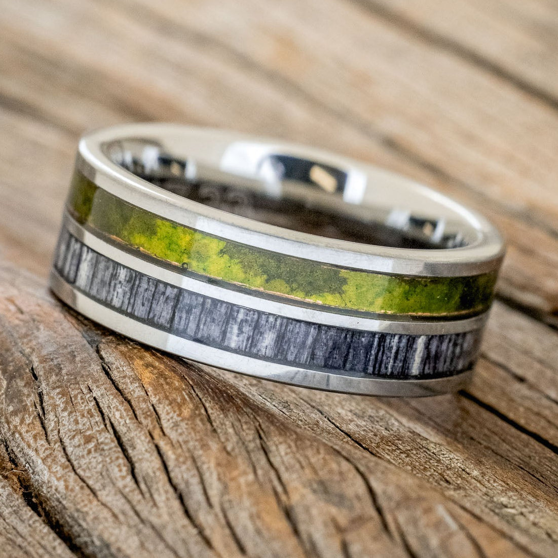"DYAD" - MOSSY PATINA COPPER & GREY BIRCH WOOD WEDDING BAND-8