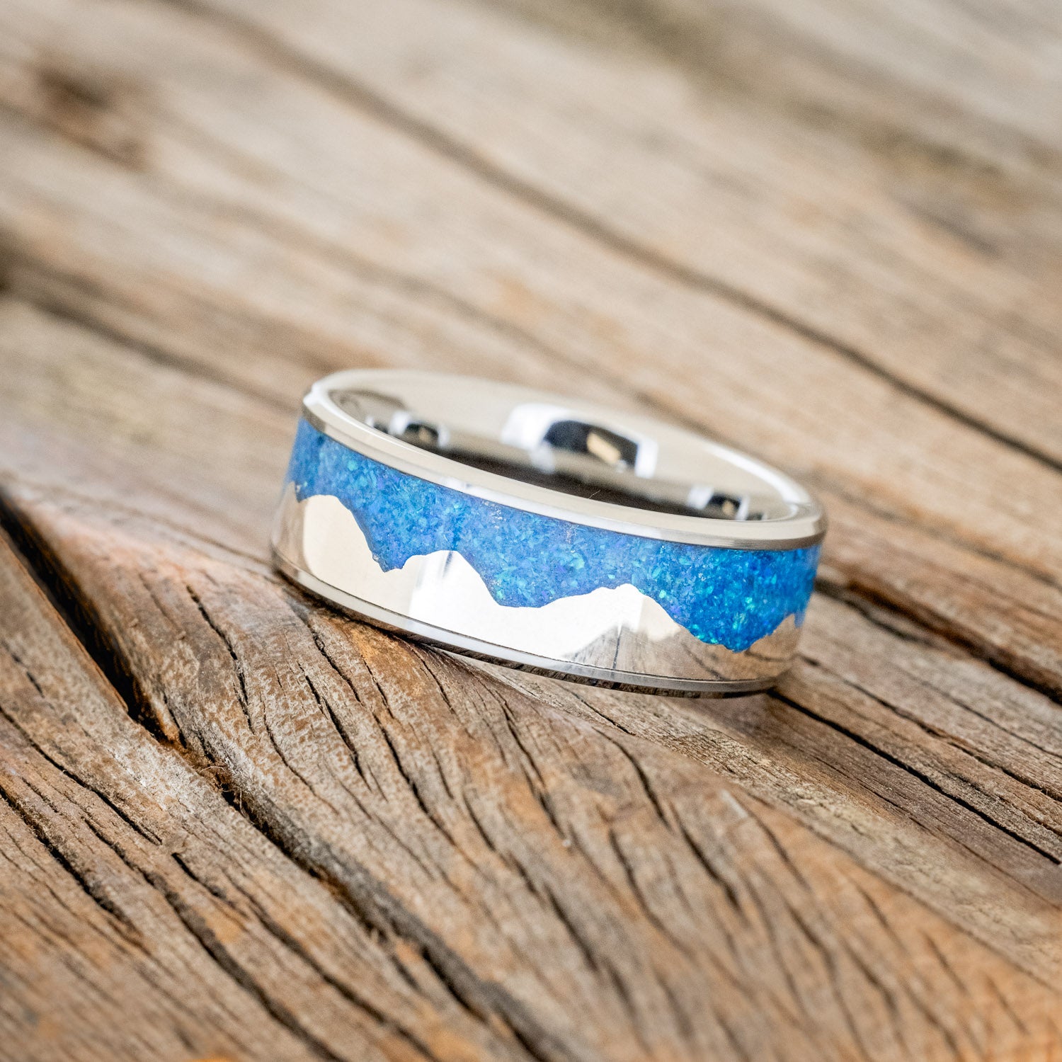 "HELIOS" - BLUE OPAL WITH SILVER MOUNTAIN RANGE WEDDING BAND-5
