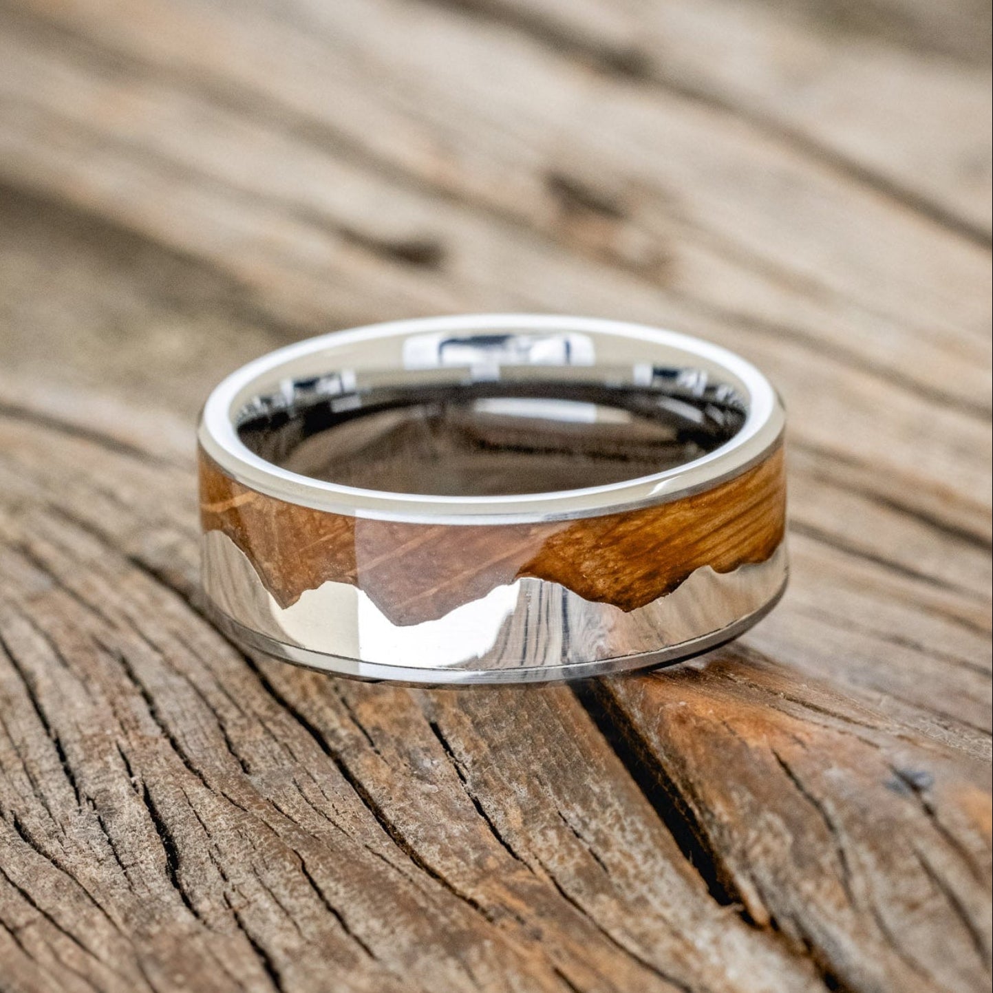 "HELIOS" - WHISKEY BARREL OAK & SILVER MOUNTAIN RANGE WEDDING BAND-6