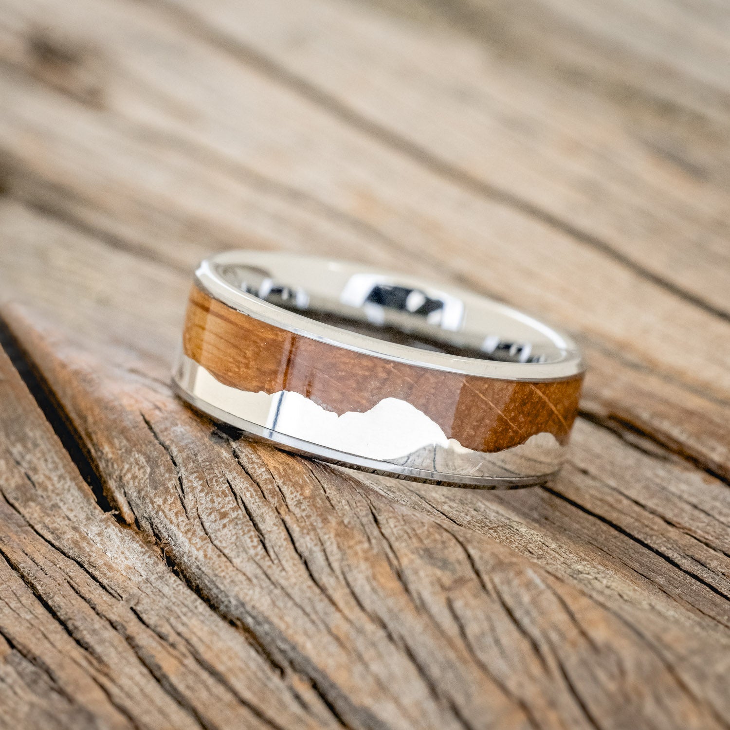 "HELIOS" - WHISKEY BARREL OAK & SILVER TETON MOUNTAIN RANGE WEDDING BAND-5