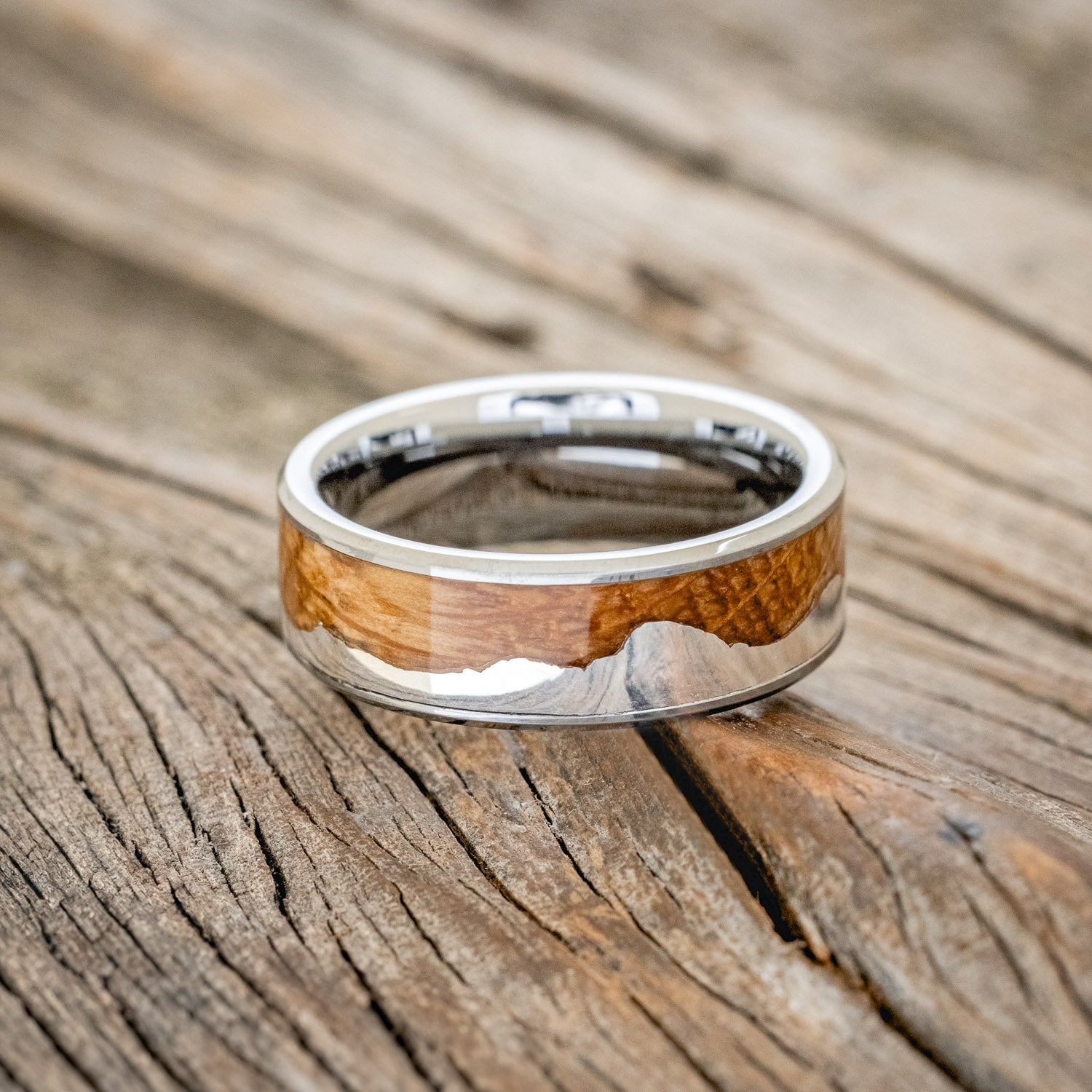 "HELIOS" - WHISKEY BARREL OAK & SILVER TETON MOUNTAIN RANGE WEDDING BAND-6