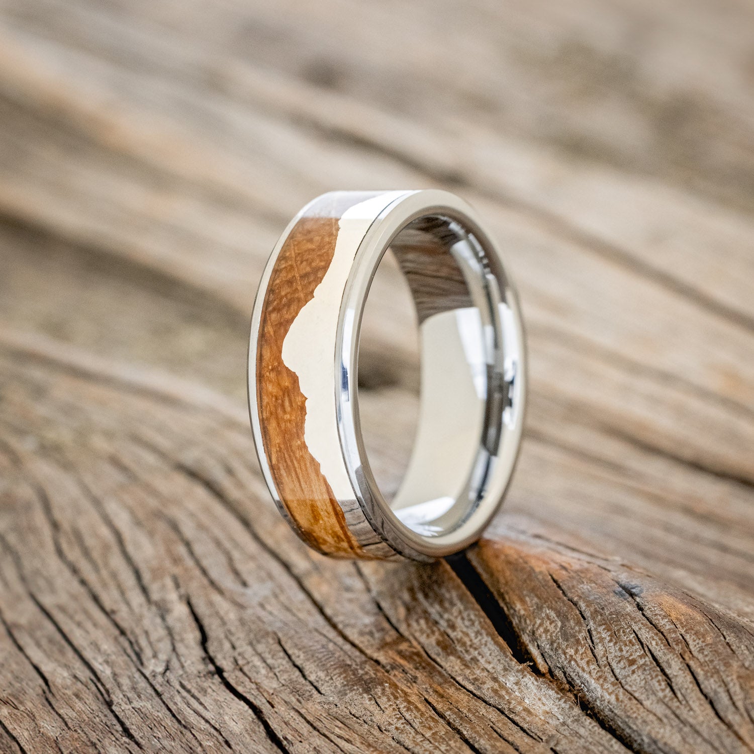 "HELIOS" - WHISKEY BARREL OAK & SILVER TETON MOUNTAIN RANGE WEDDING BAND-4