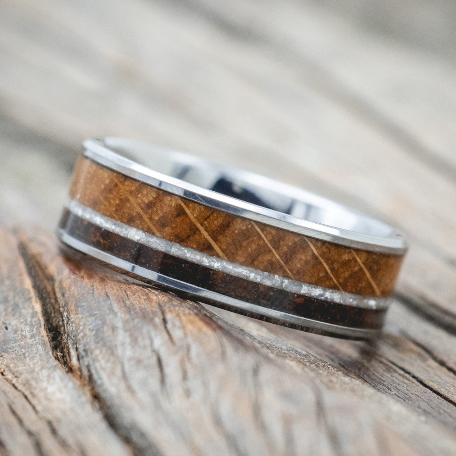 "RAINIER" - DIAMOND DUST, WHISKEY BARREL & COFFEE INLAY WEDDING BAND-Staghead Designs