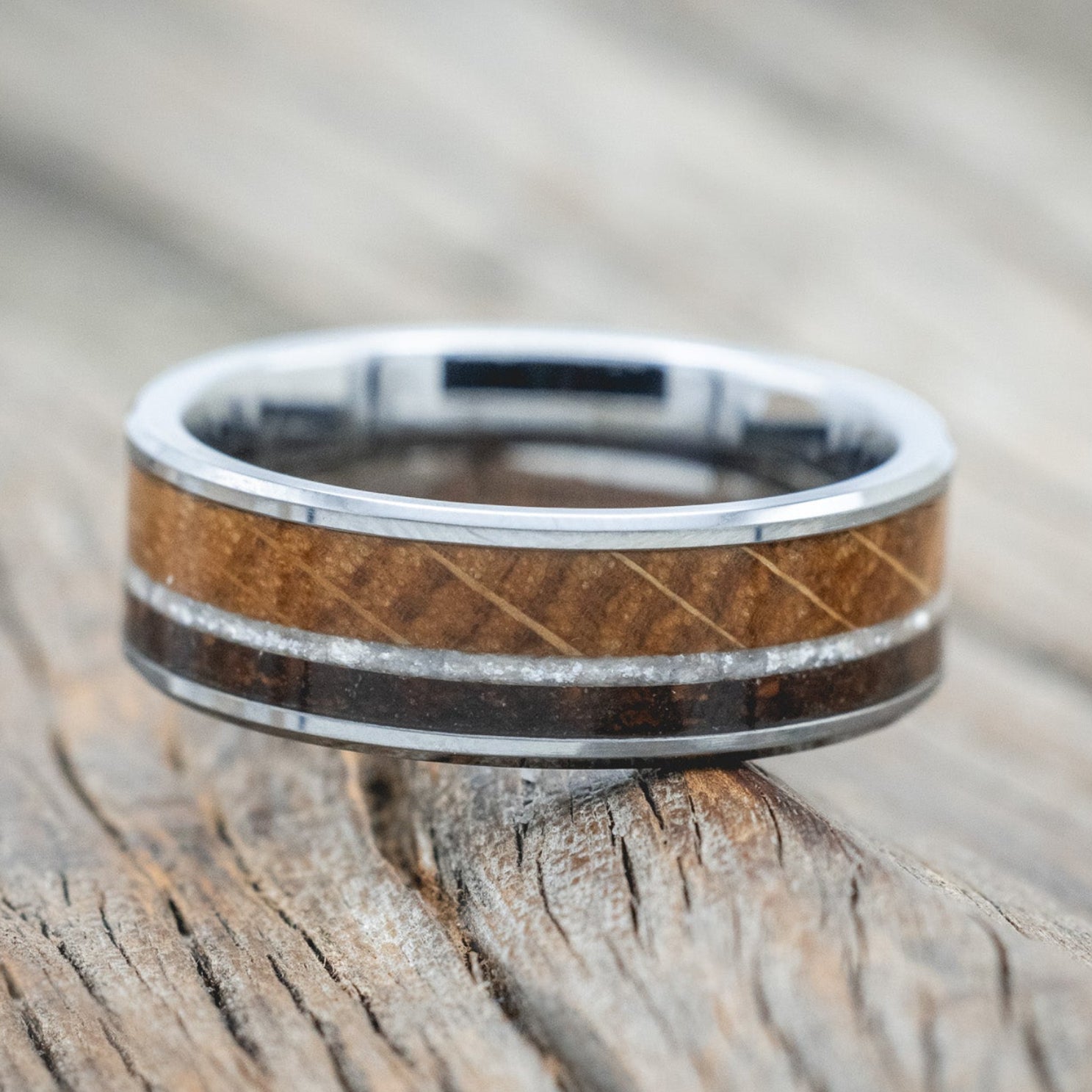 "RAINIER" - DIAMOND DUST, WHISKEY BARREL & COFFEE INLAY WEDDING BAND-Staghead Designs