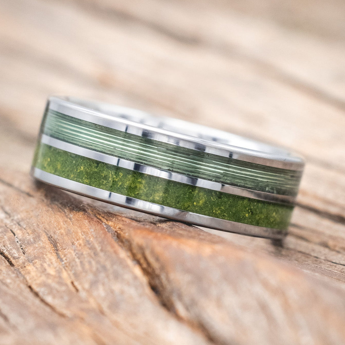"DYAD" - MOSS & FISHING LINE WEDDING BAND-Staghead Designs