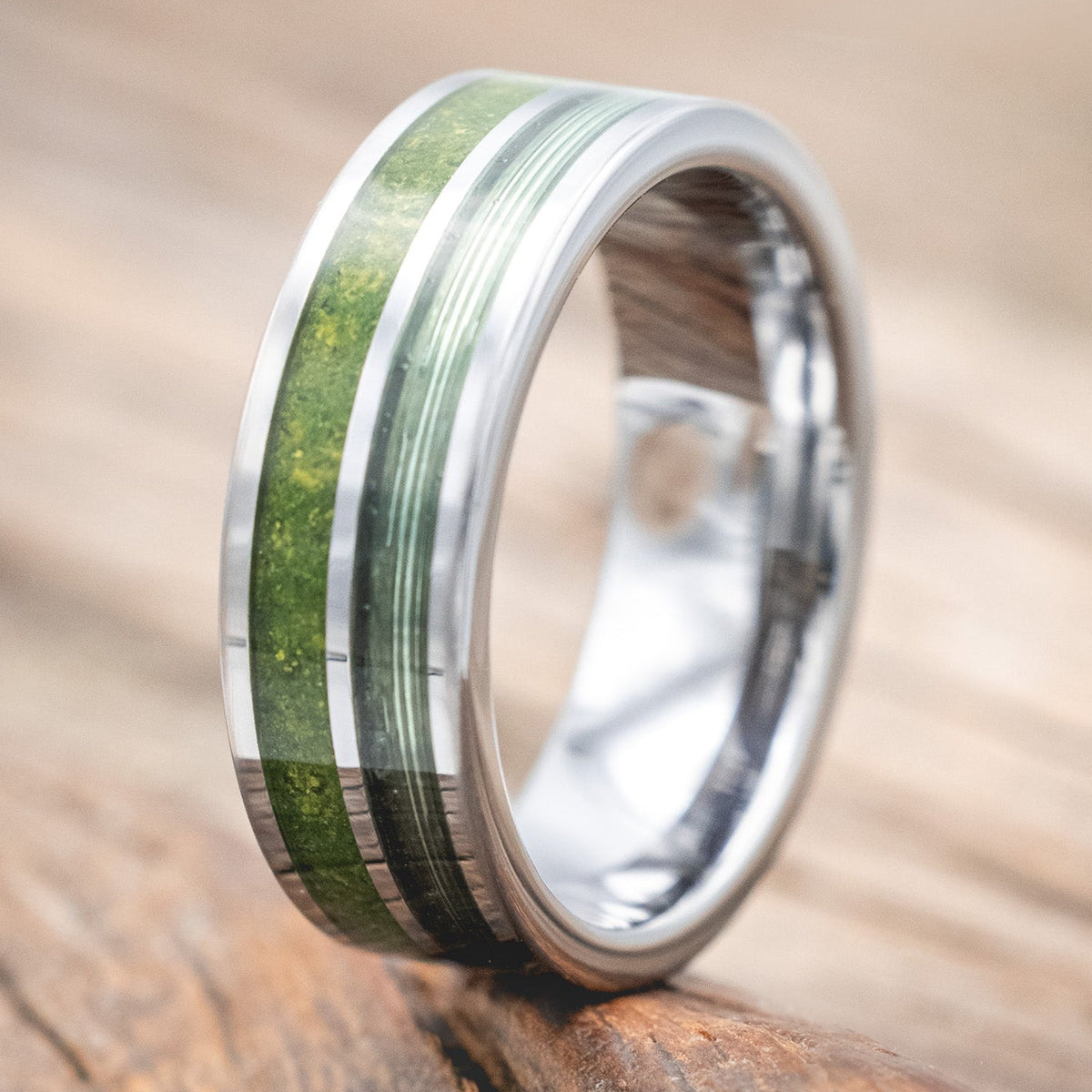 "DYAD" - MOSS & FISHING LINE WEDDING BAND-Staghead Designs