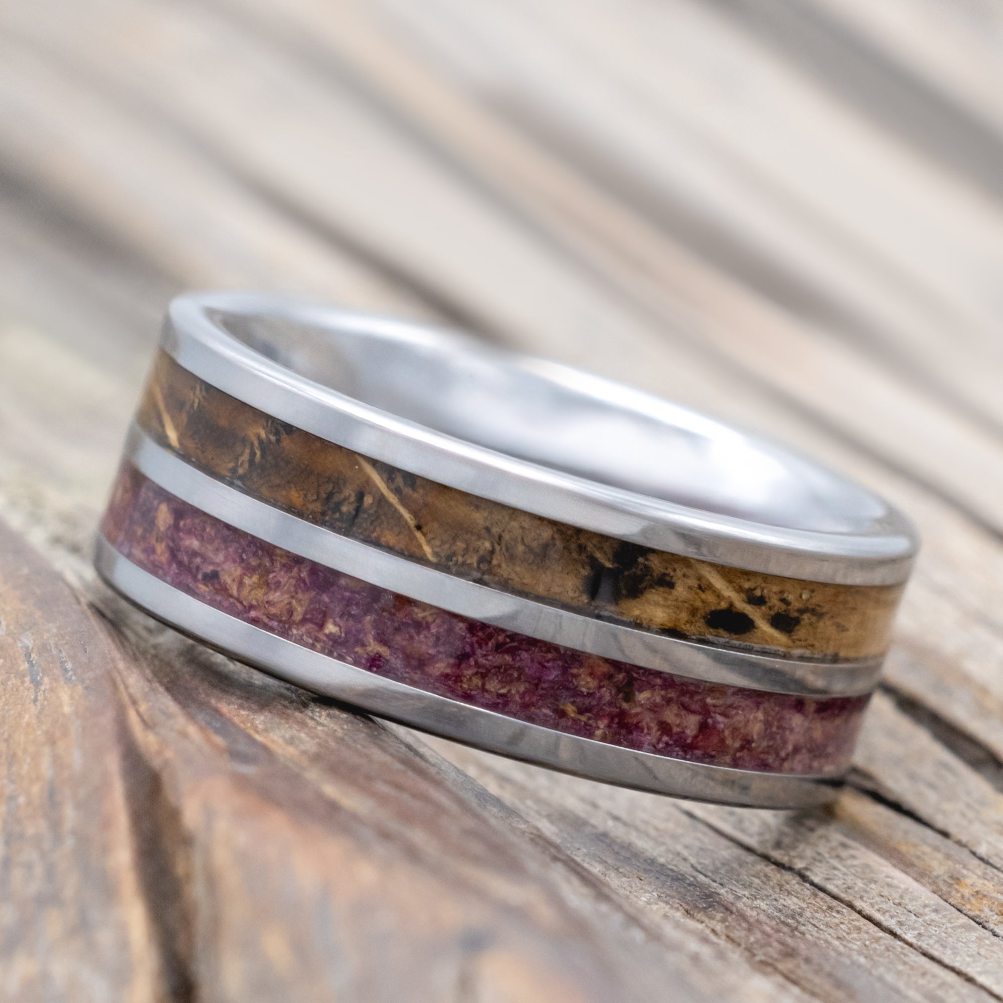 "Dyad" - Tattoo Ink, Rose Petals & Whiskey Barrel Oak Wedding Band-Staghead Designs