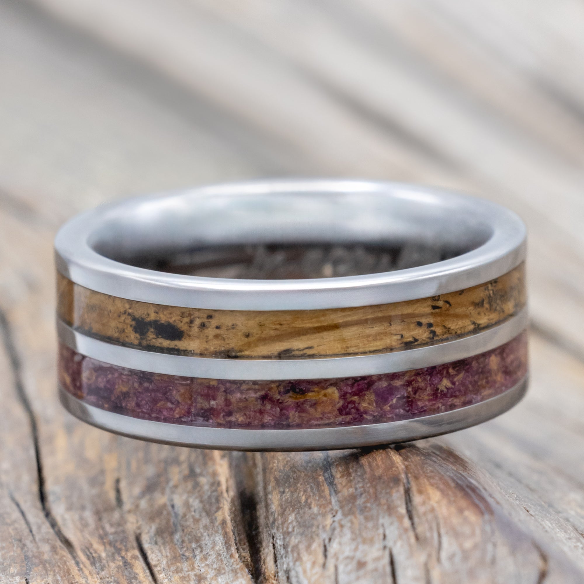 "Dyad" - Tattoo Ink, Rose Petals & Whiskey Barrel Oak Wedding Band-Staghead Designs