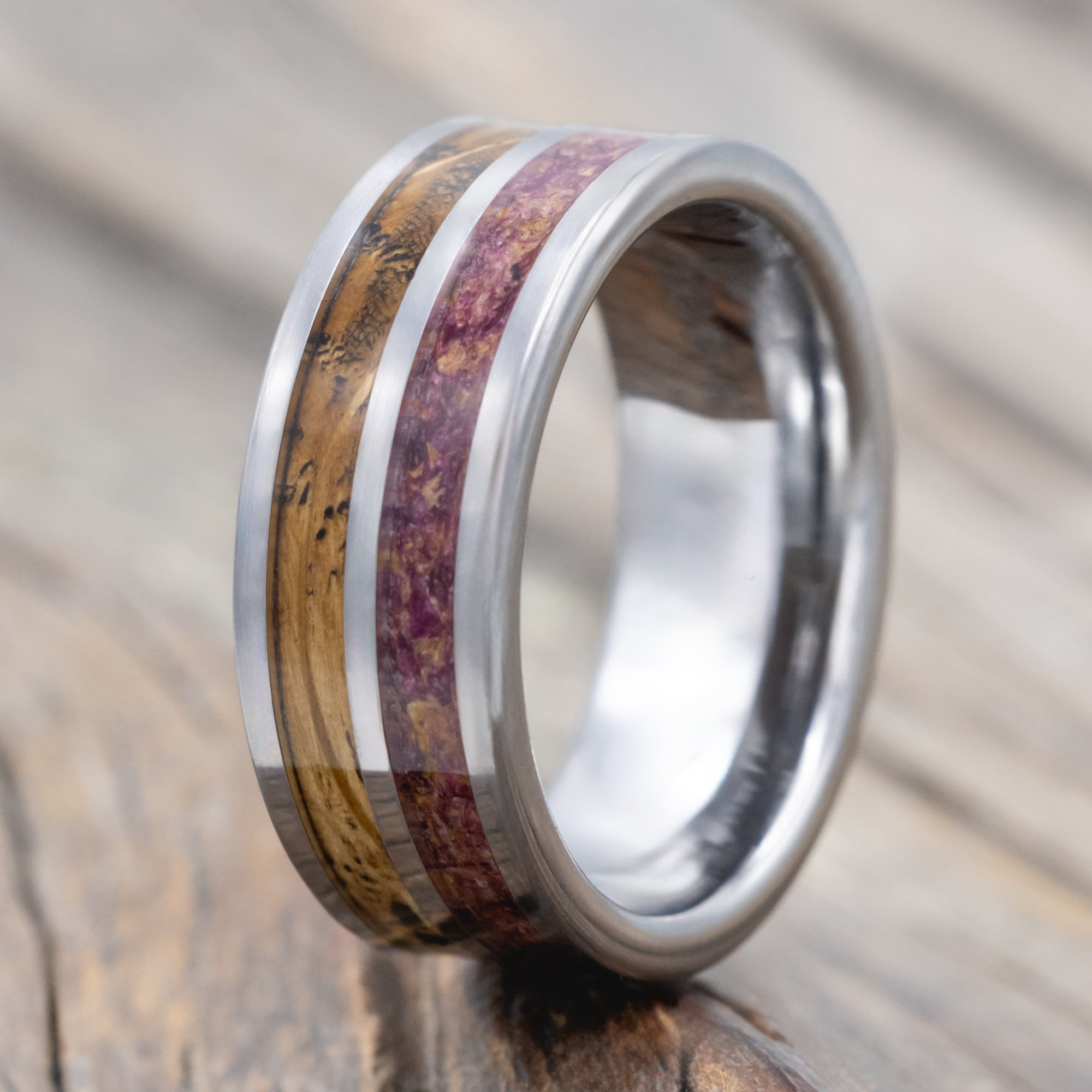 "Dyad" - Tattoo Ink, Rose Petals & Whiskey Barrel Oak Wedding Band-Staghead Designs