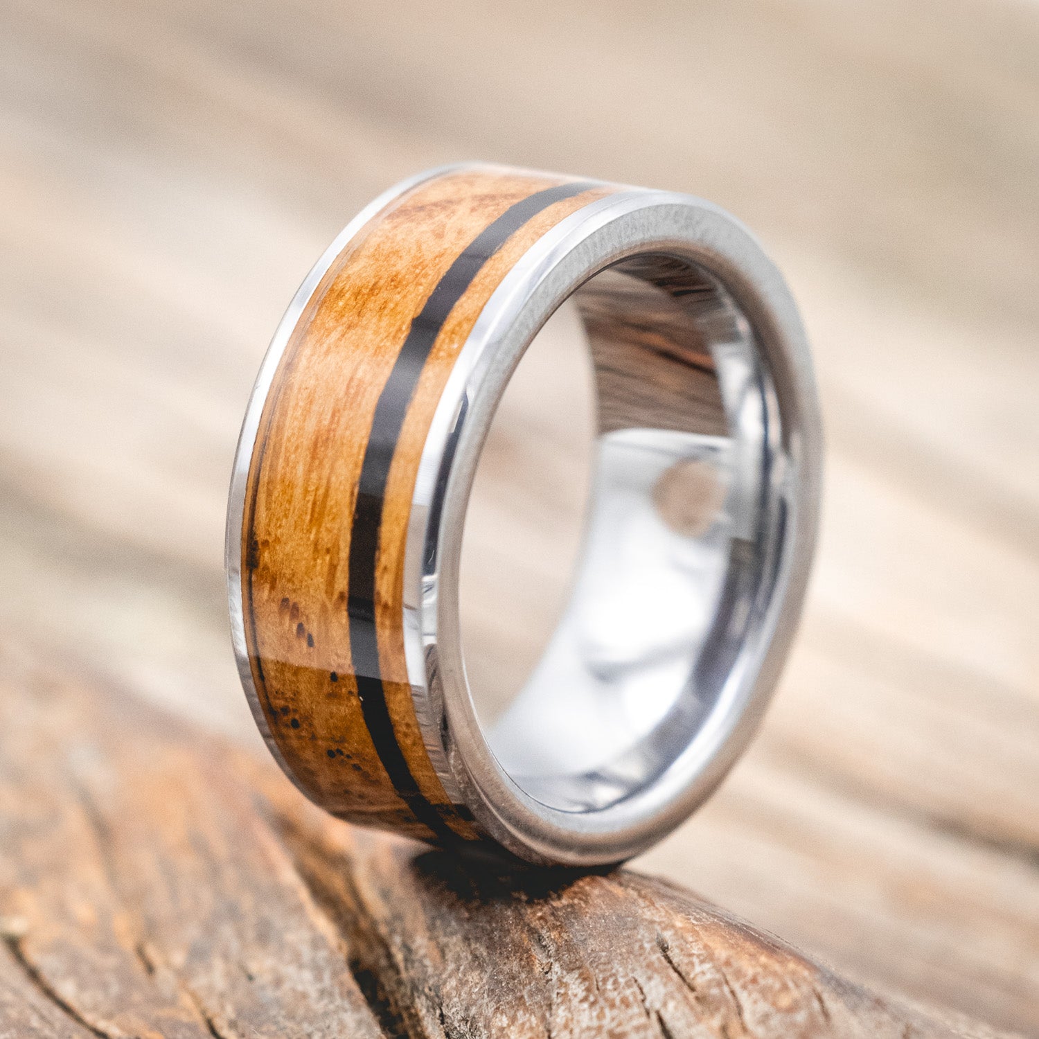 "RAINIER" - WHISKEY BARREL & OFFSET CHARRED WHISKEY BARREL WEDDING BAND-Staghead Designs