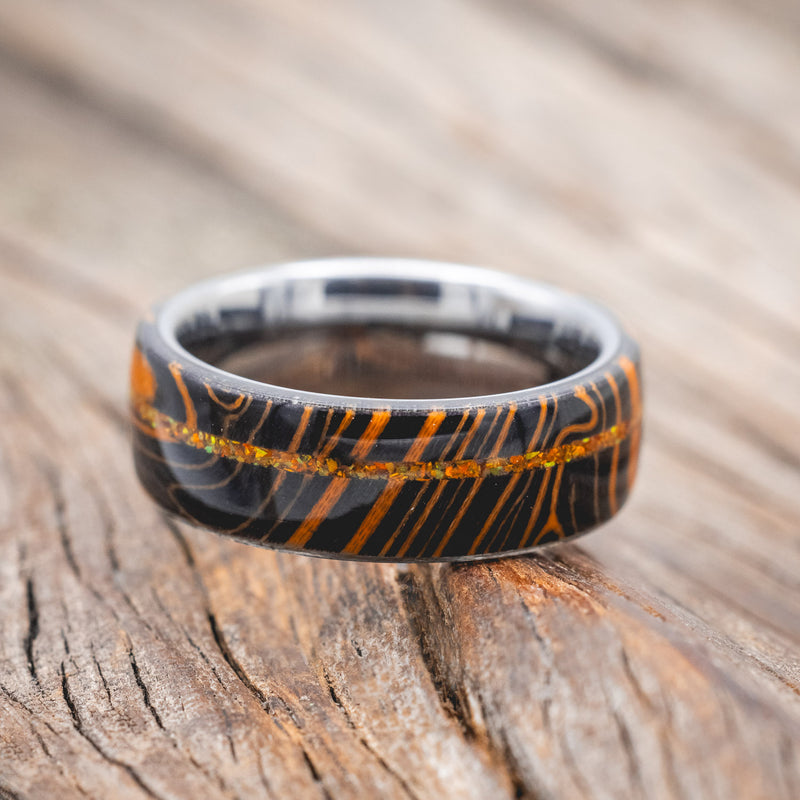 "REMMY" - ORANGE & BLACK WAVE WEDDING BAND WITH AN ORANGE OPAL INLAY