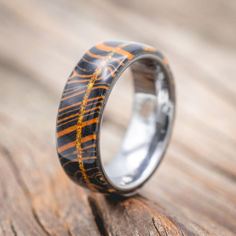 "REMMY" - ORANGE & BLACK WAVE WEDDING BAND WITH AN ORANGE OPAL INLAY