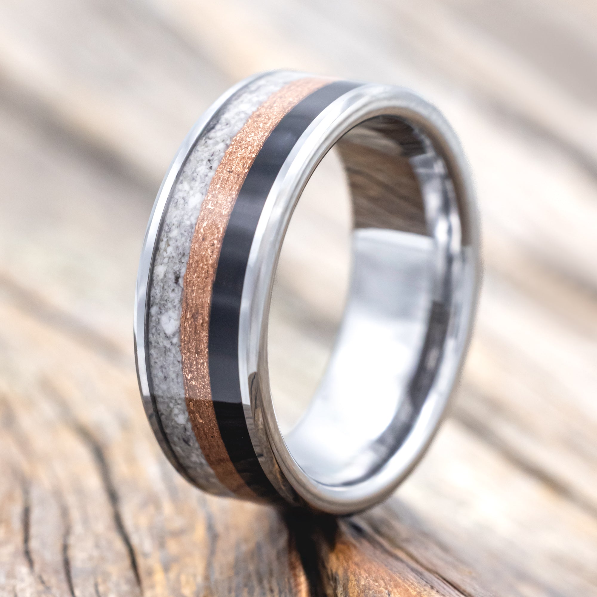 "REDLINE" - CUSTOM CAR PARTS INLAY WEDDING BAND-Staghead Designs