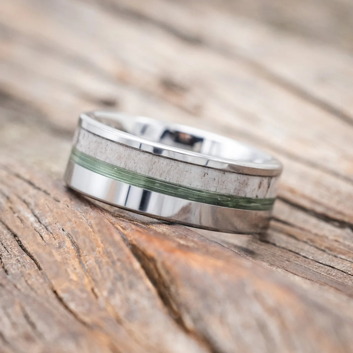 "Tanner" - Green Mono Fishing Line & Antler Wedding Band - Tungsten (8mm) - Size 9 1/2