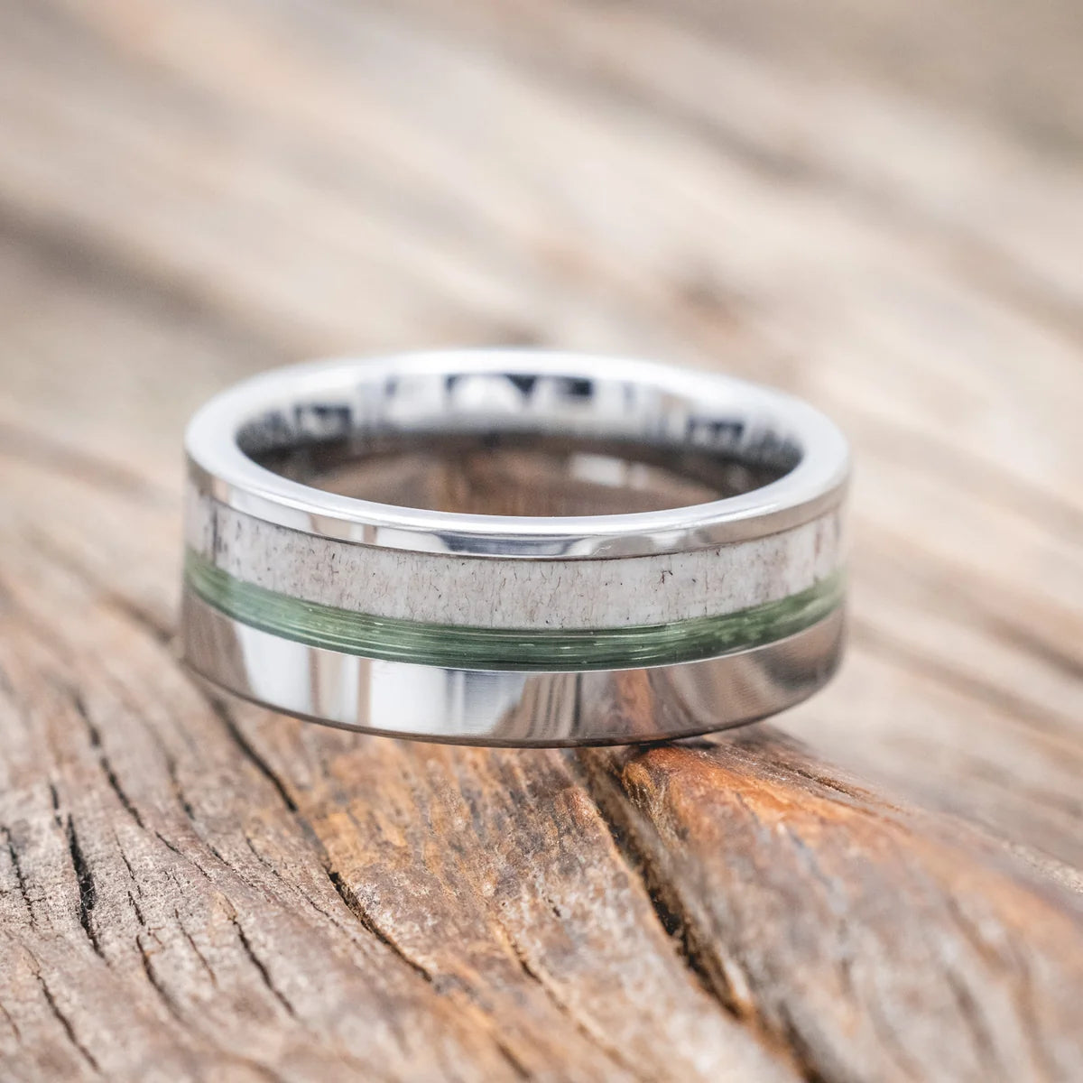 "Tanner" - Green Mono Fishing Line & Antler Wedding Band - Tungsten (8mm) - Size 9 1/2