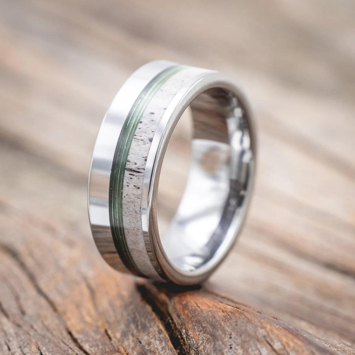 "Tanner" - Green Mono Fishing Line & Antler Wedding Band - Tungsten (8mm) - Size 9 1/2