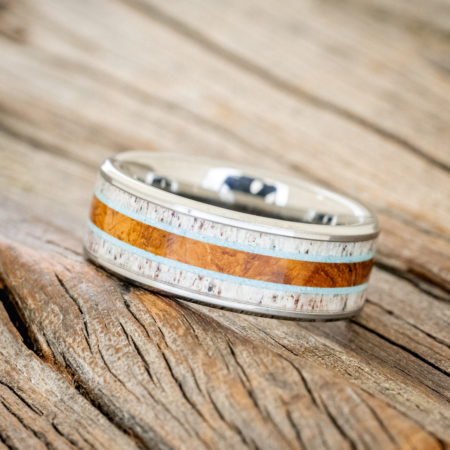 "RAINIER" - ELK ANTLER, TURQUOISE & IRONWOOD WEDDING RING-5
