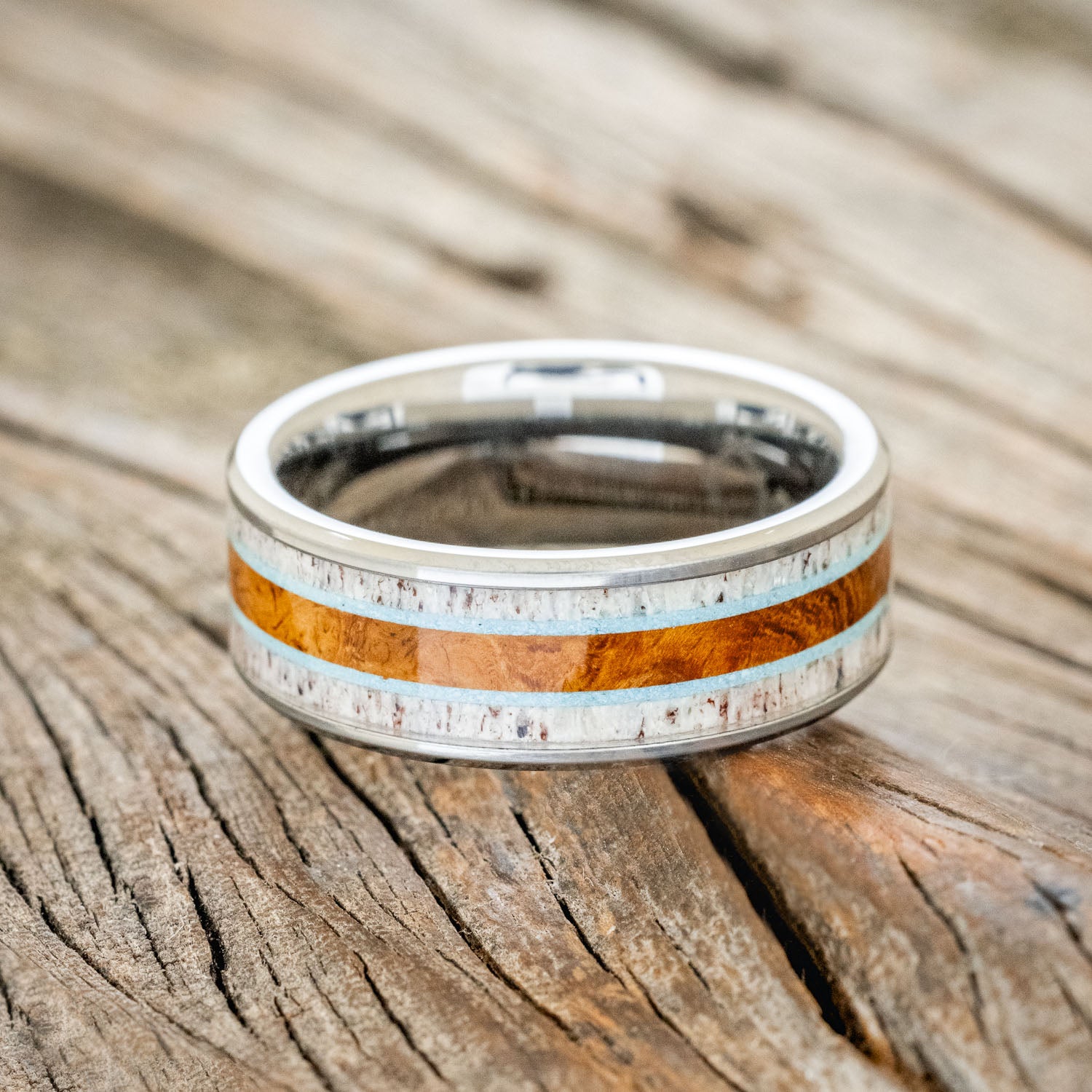 "RAINIER" - ELK ANTLER, TURQUOISE & IRONWOOD WEDDING RING-6