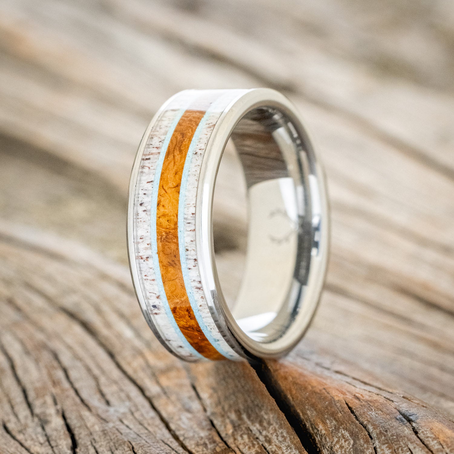 "RAINIER" - ELK ANTLER, TURQUOISE & IRONWOOD WEDDING RING-4