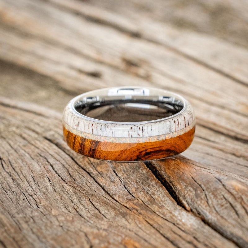 "REMMY" - IRONWOOD, ANTLER & FIRE & ICE OPAL WEDDING RING - READY TO SHIP