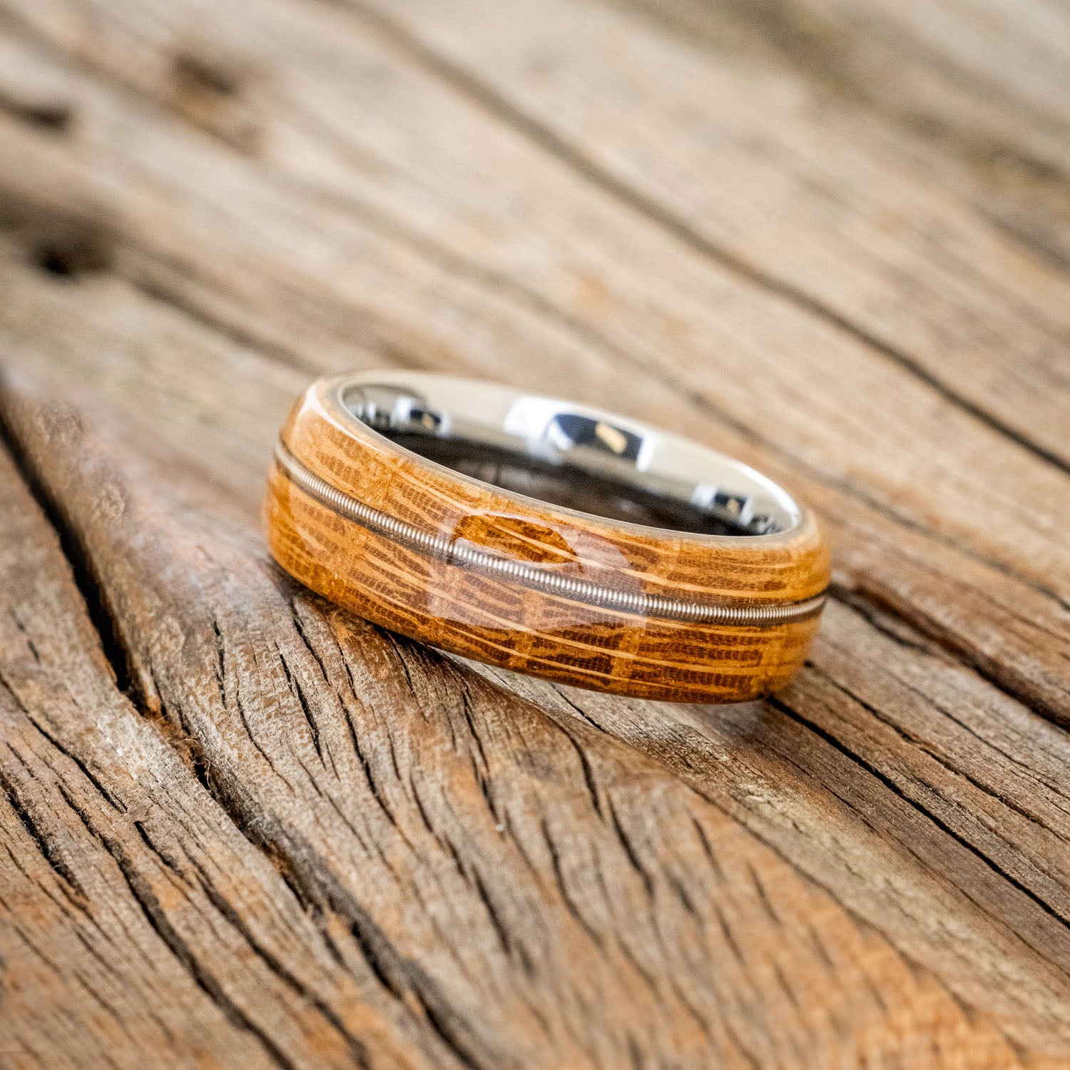"REMMY" - WHISKEY BARREL OAK & GUITAR STRING INLAY WEDDING BAND-2