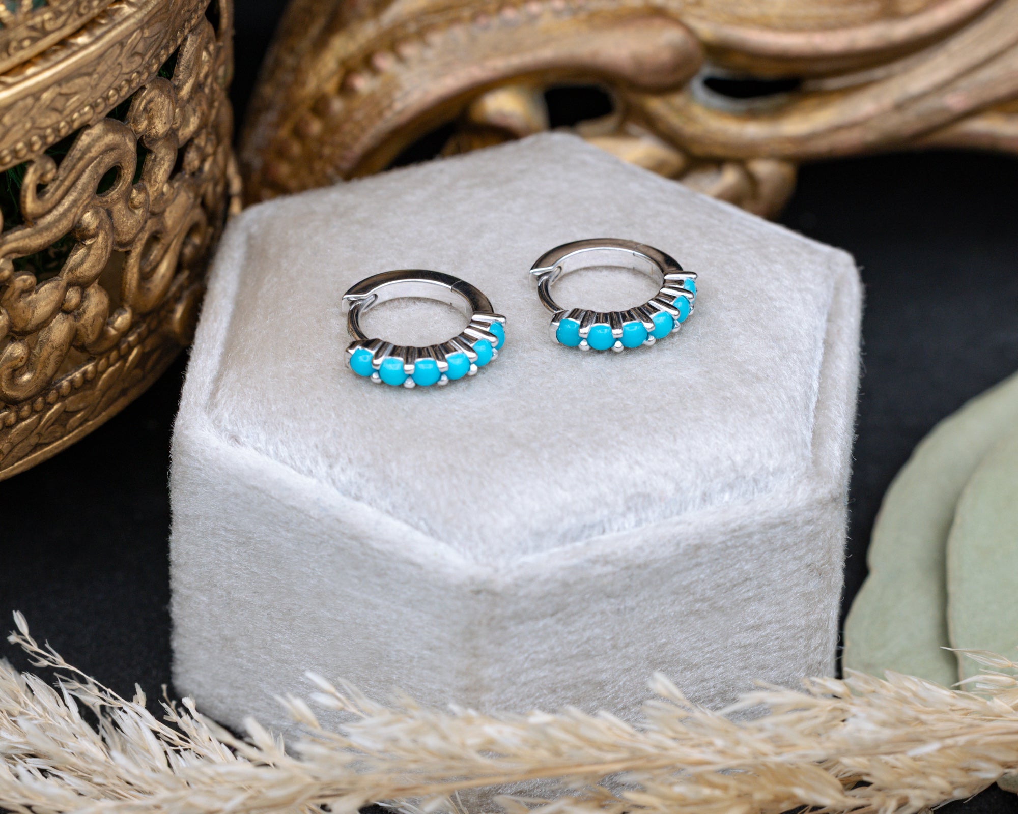 TURQUOISE HUGGIE HOOP EARRINGS-Staghead Designs
