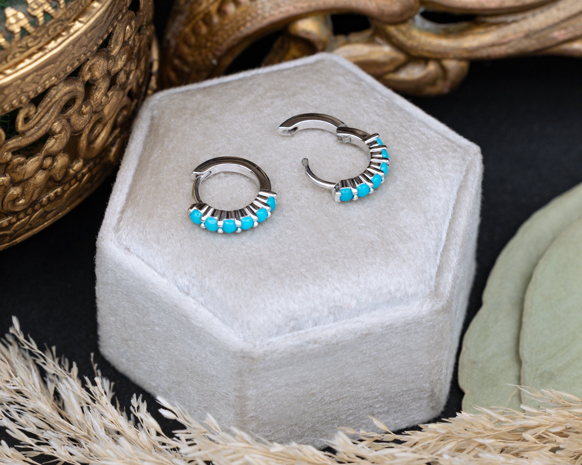 TURQUOISE HUGGIE HOOP EARRINGS-Staghead Designs