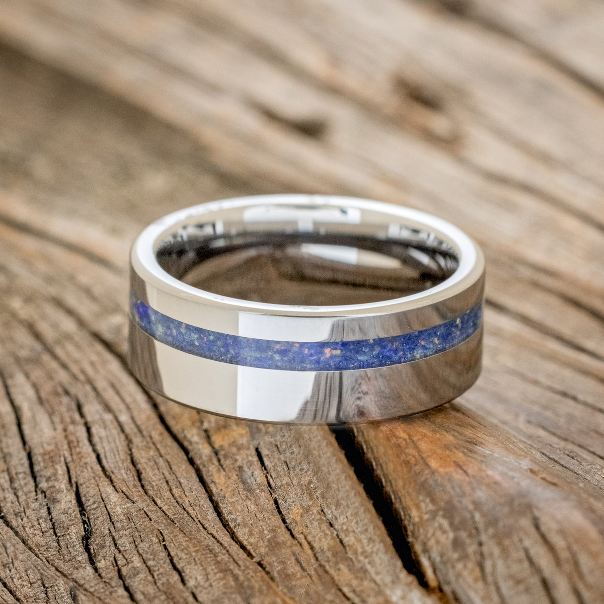 "Vertigo" - Mixed Lapis Lazuli & Fire and Ice Opal Wedding Band - Tungsten (8mm) - Size 10