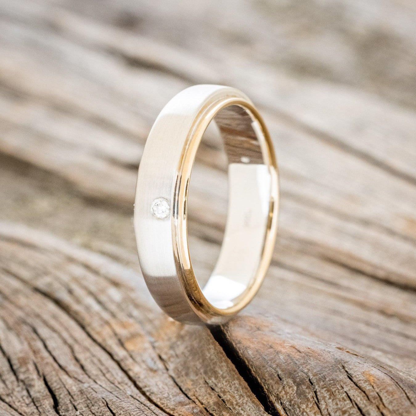 TWO TONE FLAT EDGE MEN'S ENGAGEMENT RING WITH A DIAMOND ACCENT AND A BRUSHED FINISH-1