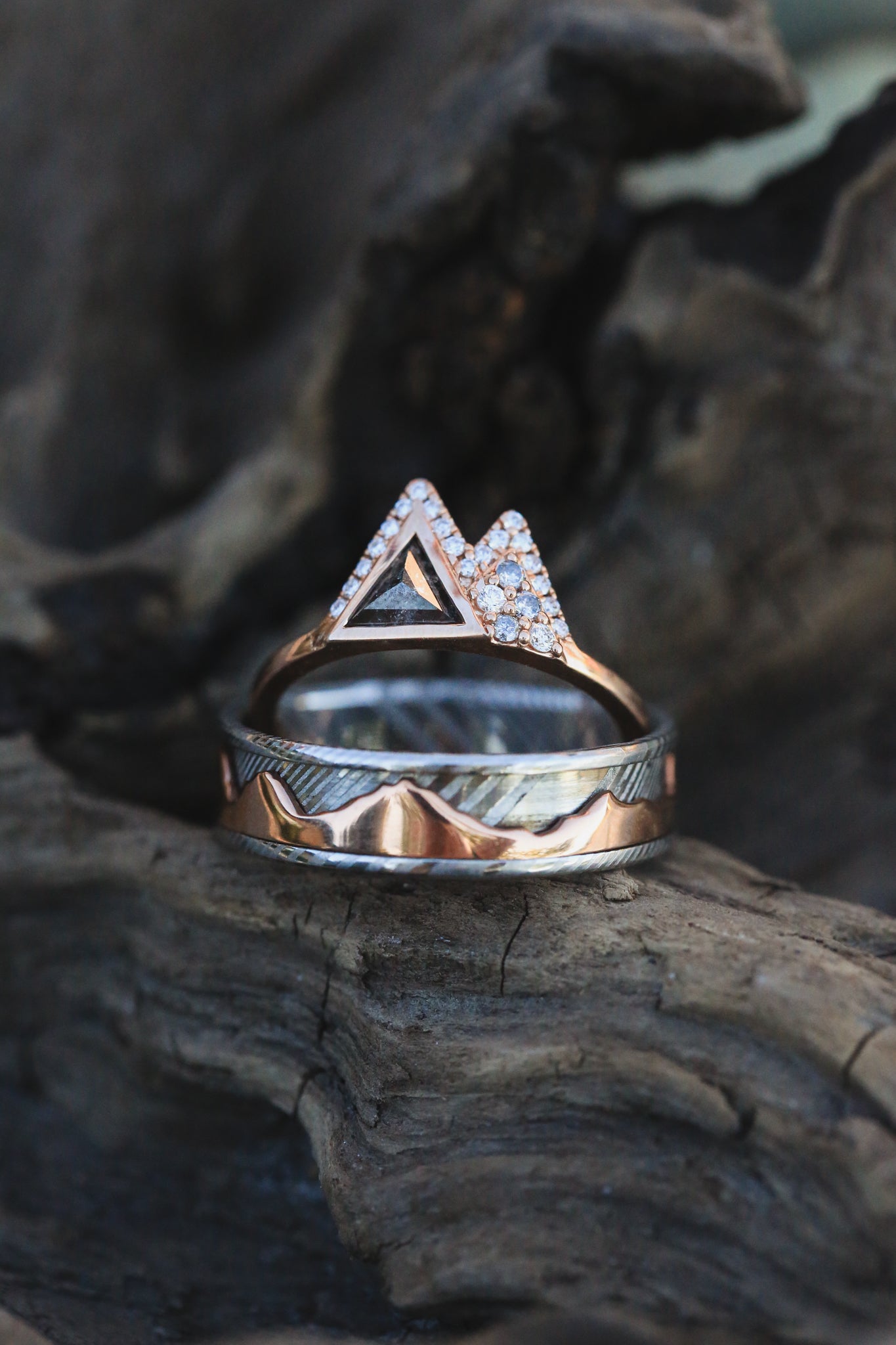 "TABEI" - TRIANGLE SALT & PEPPER DIAMOND MOUNTAIN ENGAGEMENT RING-7